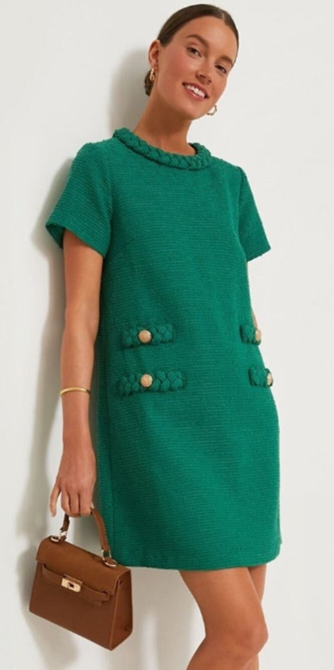 Tuckernuck Jackie Dress Green Short Sleeve Tweed Lion Buttons Medium Preppy